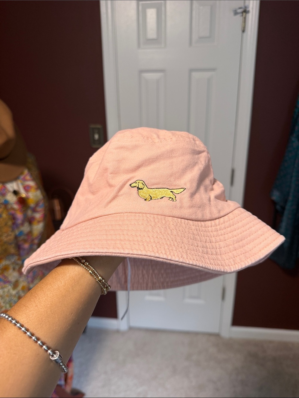Pink Bucket Hat with Embroidered Long-Haired Dachshund